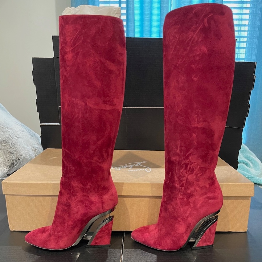 Burgundy Louboutin Levitibotta Calf High Boots